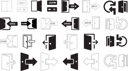 Login and logout icons. Set of sign out, Sign in vector icon. Open and close door symbol. Black exit and enter arrow, vector icon in trendy flat style line art silhouette vector art