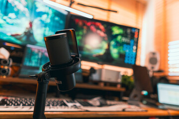 Modern podcast setup with professional microphone on boom arm in cozy home studio, featuring...