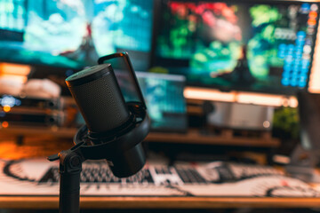 Modern podcast setup with professional microphone on boom arm in cozy home studio, featuring blurred monitors and wooden blinds background. Creative workspace inspiration.