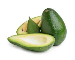 Fresh ripe avocados and leaf on white background