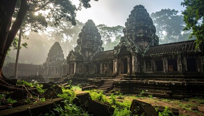 Fototapeta premium Ancient Temple in Lush Jungle: A Misty Morning in Angkor Wat