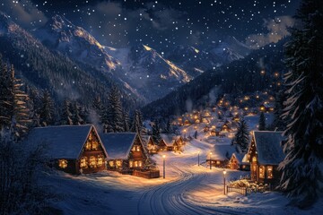 Fototapeta premium Cozy cottages in a snowy mountain village illuminated by twinkling lights at night, Snowy mountain village with cozy cottages and twinkling lights on a winter night Holiday concept