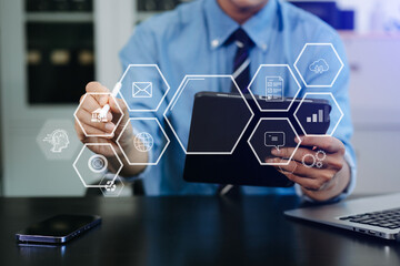 gital marketing media in virtual screen.businesswoman hand working with mobile phone and modern...