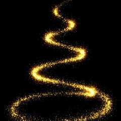 Animation of gold glitter light trail spiral with magic swirl path on black background
