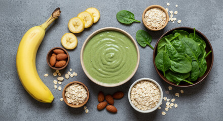 Overhead View of Healthy Green Smoothie with Fresh Ingredients Banana Oatmeal and Spinach in Brown Bowls
