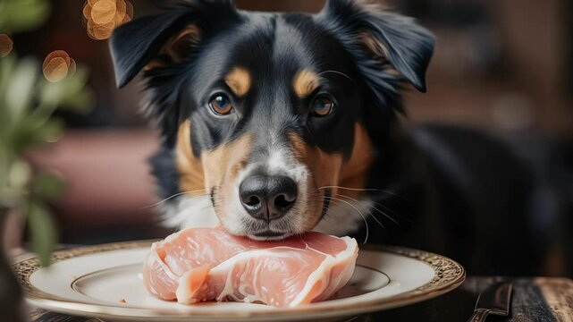 Border Collie stares longingly at raw meat on plate