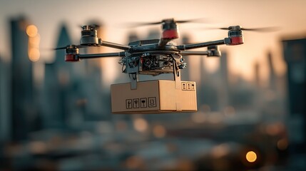 Drone delivering package in urban area representing modern logistics, fast delivery, and future transportation tech