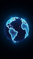 Obraz premium A spherical Earth icon composed entirely of glowing circuit board lines and nodes, floating in clean space — symbolizing global connectivity and digital globalization.