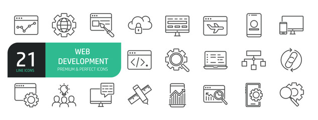 Set Of Web Development Line Icons. Contains such icons as Web Design, Data Analysis, Coding, SEO, Portfolio, Website, Creative Occupation, Graphic Elements, and more.