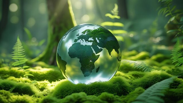 A hyper-realistic and detailed image of a transparent glass globe resting gently on a vibrant, lush green moss forest floor. The globe reflects the map of Africa and the Middle East clearly visible in