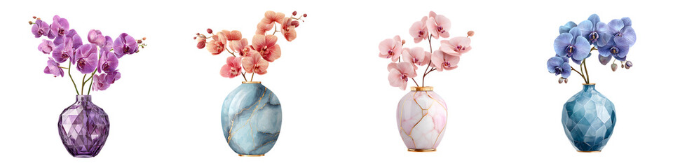 Elegant Orchid Flowers in Marble Vases, Set of Four, Isolated on White