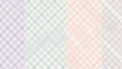 A soft pastel plaid with thin lines in lavender, mint, peach, light gray, textured like woven fabric, conveying a delicate, creative aesthetic.
