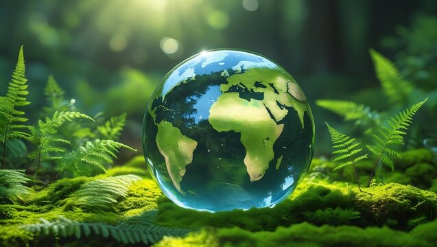A hyper-realistic and detailed image of a transparent glass globe resting gently on a vibrant, lush green moss forest floor. The globe reflects the map of Africa and the Middle East clearly visible in