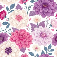 Fototapeta premium Seamless pattern of blooming dahlias in shades of purple, pink, and cream on a white background.