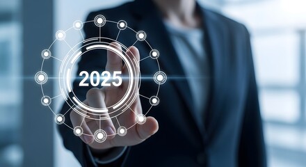 Businessperson touching futuristic interface pointing at the year 2025 for future planning