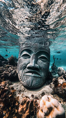 Underwater Stone Face Sculpture Coral Reef Ocean Art