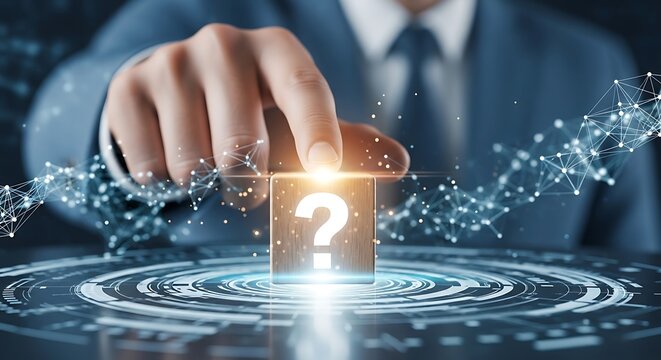 Businessman touching a question mark cube symbolizing problem solving and data connection