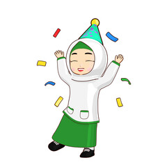 3D illustration of a cheerful Muslim girl in a hijab celebrating a party with confetti, perfect for festive, joyful, and educational content.