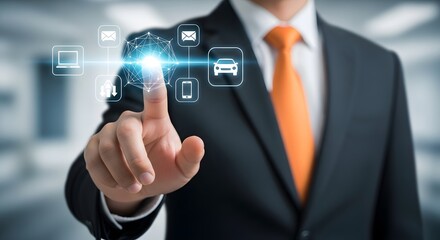 Businessman interacting with a futuristic touch interface representing data and technology