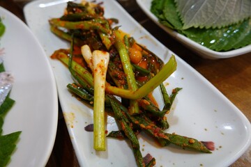 Pa-kimchi, a flavorful Korean side dish made with scallions, fermented in a spicy, tangy seasoning. Perfect for enhancing meals, this vibrant dish captures the essence of traditional Korean cuisine.
