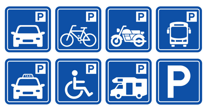 Parking sign set. Parking sign car, bicycle, motorcycle, bus, disabled person, campervan, visitor parking signboard. Vector illustration.	