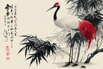 Red-crowned crane standing amidst bamboo in traditional chinese ink painting © SURAPONG