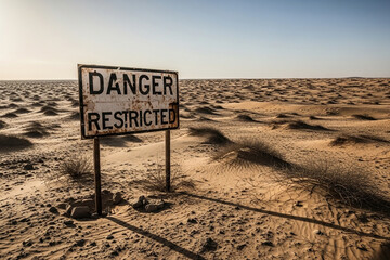 Rusty danger sign in a desert landscape under bright sunlight. 