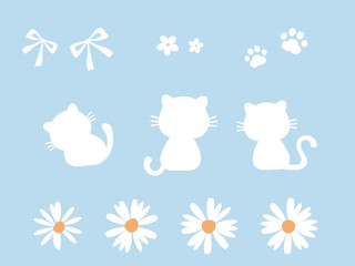 Set of daisy chamomile flower, white cat cartoons, ribbon bow, and paw print sign icon on blue background vector. 