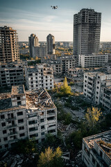 High angle view of a deserted city landscape with derelict buildings, showing a contrast between nature and destruction. 