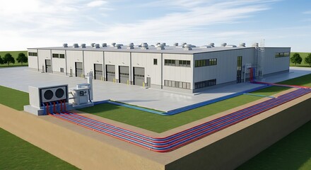 Fototapeta premium Illustration of industrial building with hvac systems for energy efficiency and cooling