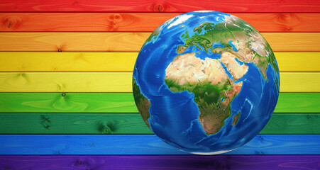 Earth globe on colorful wooden rainbow background, vibrant colors and textures, symbolic image for global awareness, suitable for diverse uses. 