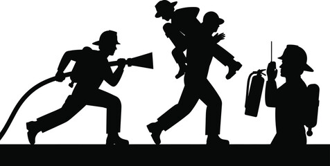 Naklejka premium Emergency fire response silhouette vector set of men rescuing and extinguishing flame