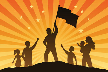 Silhouette of a leader holding a flag with children and family on a hilltop with sunburst background, symbolizing unity, inspiration, and hope