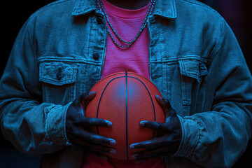 A person in a denim jacket grips a red-black basketball under intense blue light, A powerful portrait of a player cradling a basketball, emanating strength and dedication.