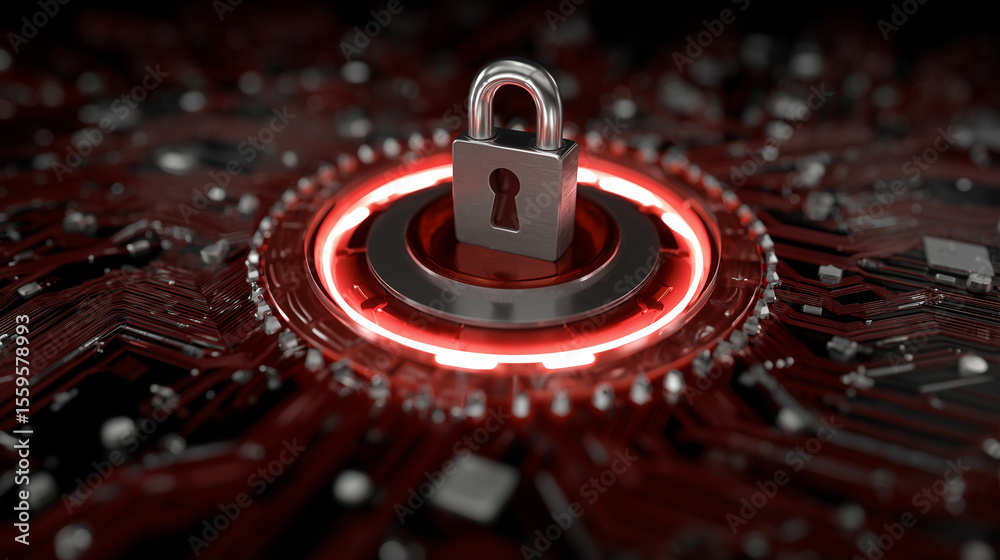 Poster digital security concept with metallic padlock symbolizing data protection on circuit board backgrou