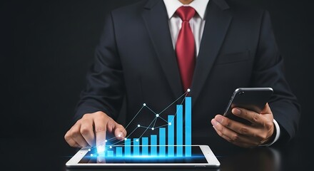 Businessman analyzing business growth with tablet and smartphone technology and financial charts