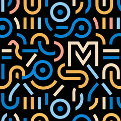 Abstract Geometric Seamless Pattern with Letter M on Black Background