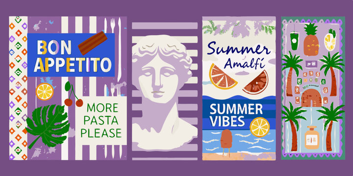 Four Colorful Summer Themed Posters with Food Travel and Art Elements