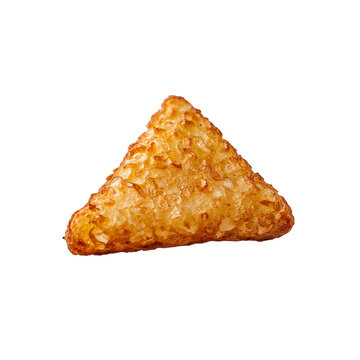 Golden hash brown triangle displayed against a stark black backdrop, emphasizing its crispy texture and inviting appearance for culinary themes, transparent background