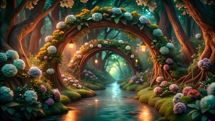 Obraz premium A magical pathway arches through a vibrant enchanted forest, illuminated by soft lights, creating a serene and enchanting scene