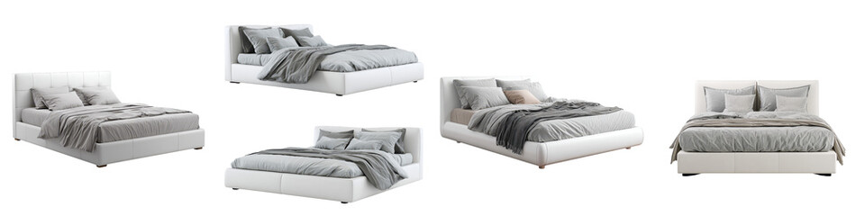 Naklejka premium Modern Platform Beds with Pillows and Throws on White Background