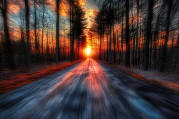 Road through forest glowing under sunset with vibrant colors and blurred motion effects, Moving Over Road Through Forest At Sunset