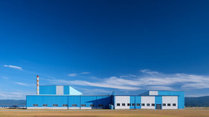 Obraz premium Industrial factory building in a rural setting with clear blue sky -