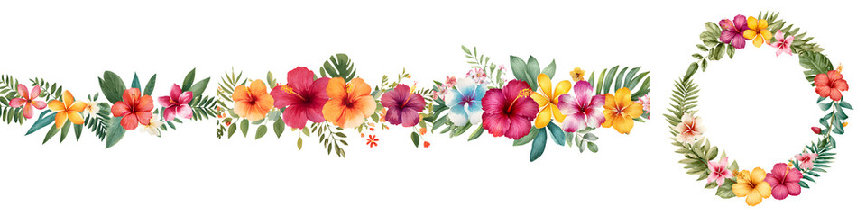 Tropical Watercolor Floral Border and Wreath Collection on White