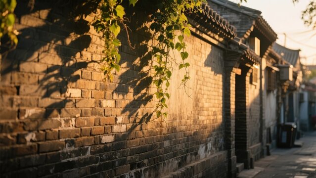 Sunlit Ancient Brick Wall with Vine Shadows in a Traditional Alley