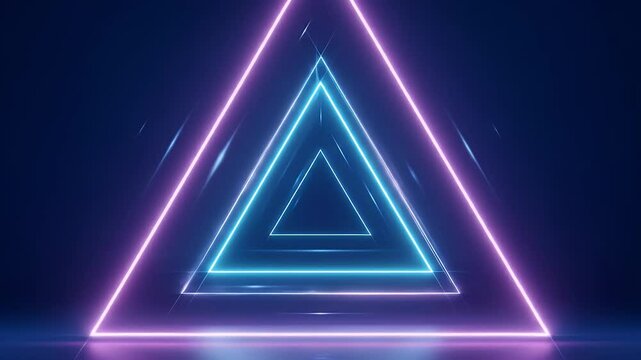 Three neon triangles glow against a dark blue background creating a futuristic geometric effect