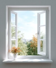 Obraz premium Open Window View of Lush Trees and Cityscape