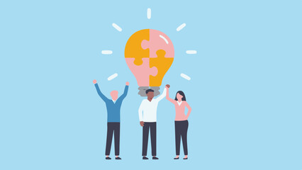 Obraz premium Teamwork and Innovation People Celebrating a Puzzle Lightbulb Idea