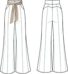 Flat vector technical sketch of high-waist wide-leg trousers for women with a sash belt and pintuck seams,