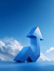 Fototapeta premium Upward blue arrow against clear sky symbolizing growth and success